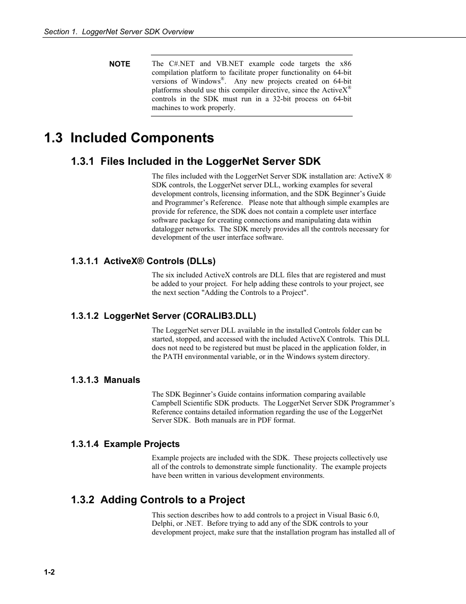 3 included components, 1 files included in the loggernet server sdk, 1 activex® controls (dlls) | 2 loggernet server (coralib3.dll), 3 manuals, 4 example projects, 2 adding controls to a project | Campbell Scientific LoggerNet Server SDK User Manual | Page 14 / 178