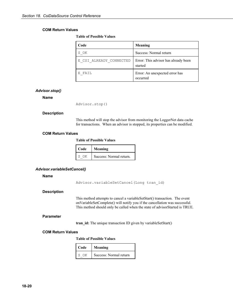 Com return values, Advisor.stop(), Name | Description, Advisor.variablesetcancel(), Parameter | Campbell Scientific LoggerNet Server SDK User Manual | Page 144 / 178