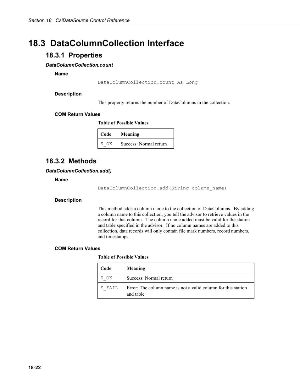3 datacolumncollection interface, 1 properties, Datacolumncollection.count | Name, Description, Com return values, 2 methods, Datacolumncollection.add() | Campbell Scientific LoggerNet Server SDK User Manual | Page 146 / 178