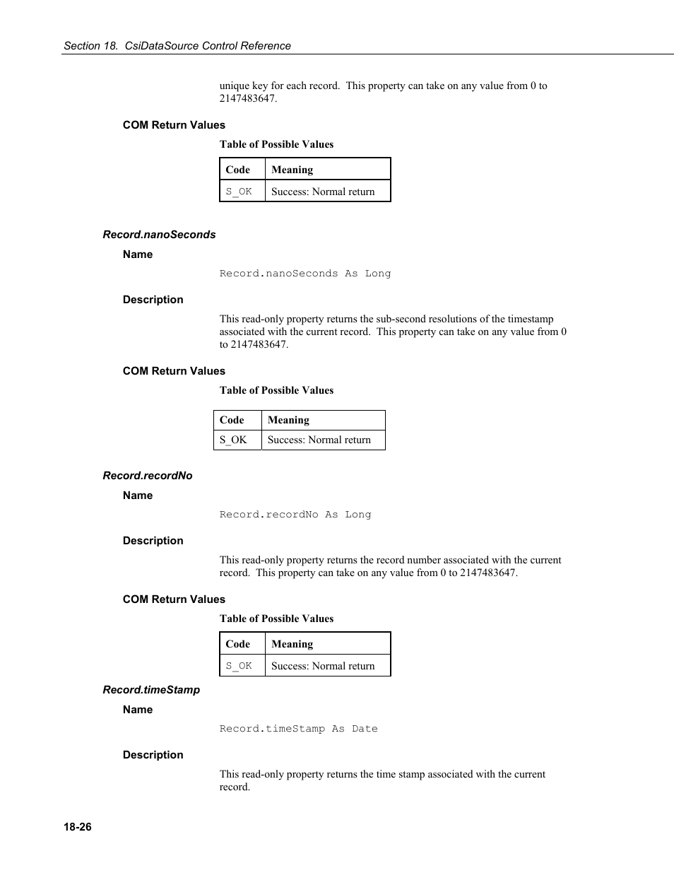 Com return values, Record.nanoseconds, Name | Description, Record.recordno, Record.timestamp | Campbell Scientific LoggerNet Server SDK User Manual | Page 150 / 178