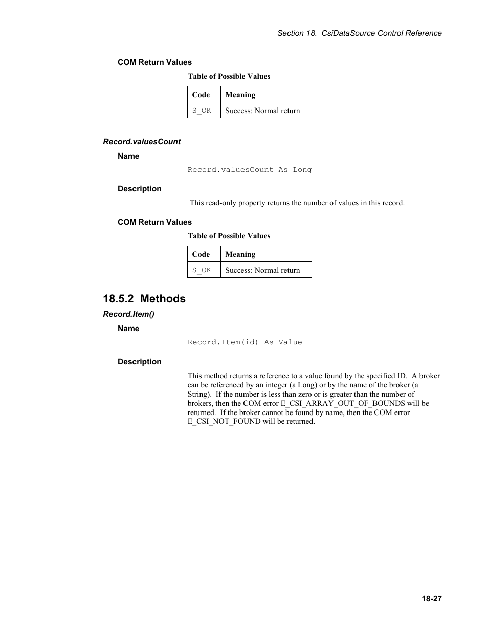 Com return values, Record.valuescount, Name | Description, 2 methods, Record.item() | Campbell Scientific LoggerNet Server SDK User Manual | Page 151 / 178