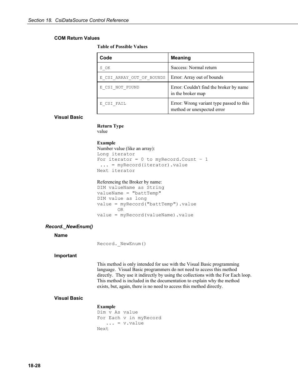 Com return values, Visual basic, Record._newenum() | Name, Important | Campbell Scientific LoggerNet Server SDK User Manual | Page 152 / 178