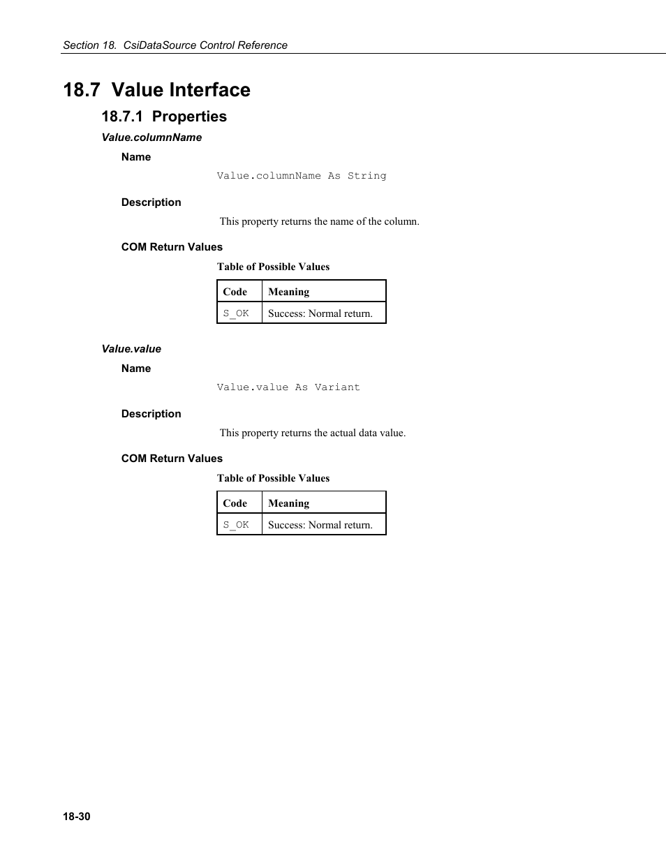 7 value interface, 1 properties, Value.columnname | Name, Description, Com return values, Value.value | Campbell Scientific LoggerNet Server SDK User Manual | Page 154 / 178