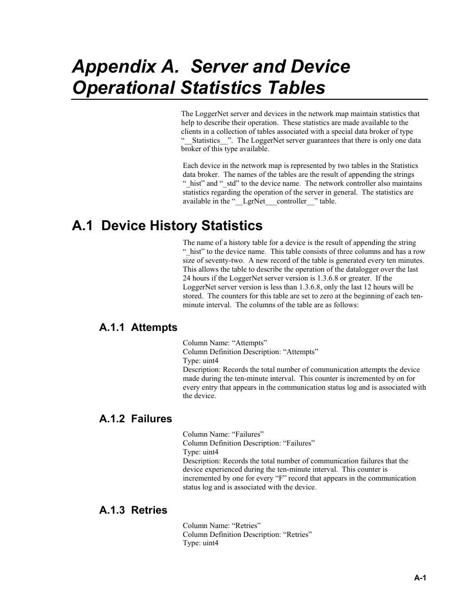 A.1 device history statistics, A.1.1 attempts, A.1.2 failures | A.1.3 retries | Campbell Scientific LoggerNet Server SDK User Manual | Page 167 / 178