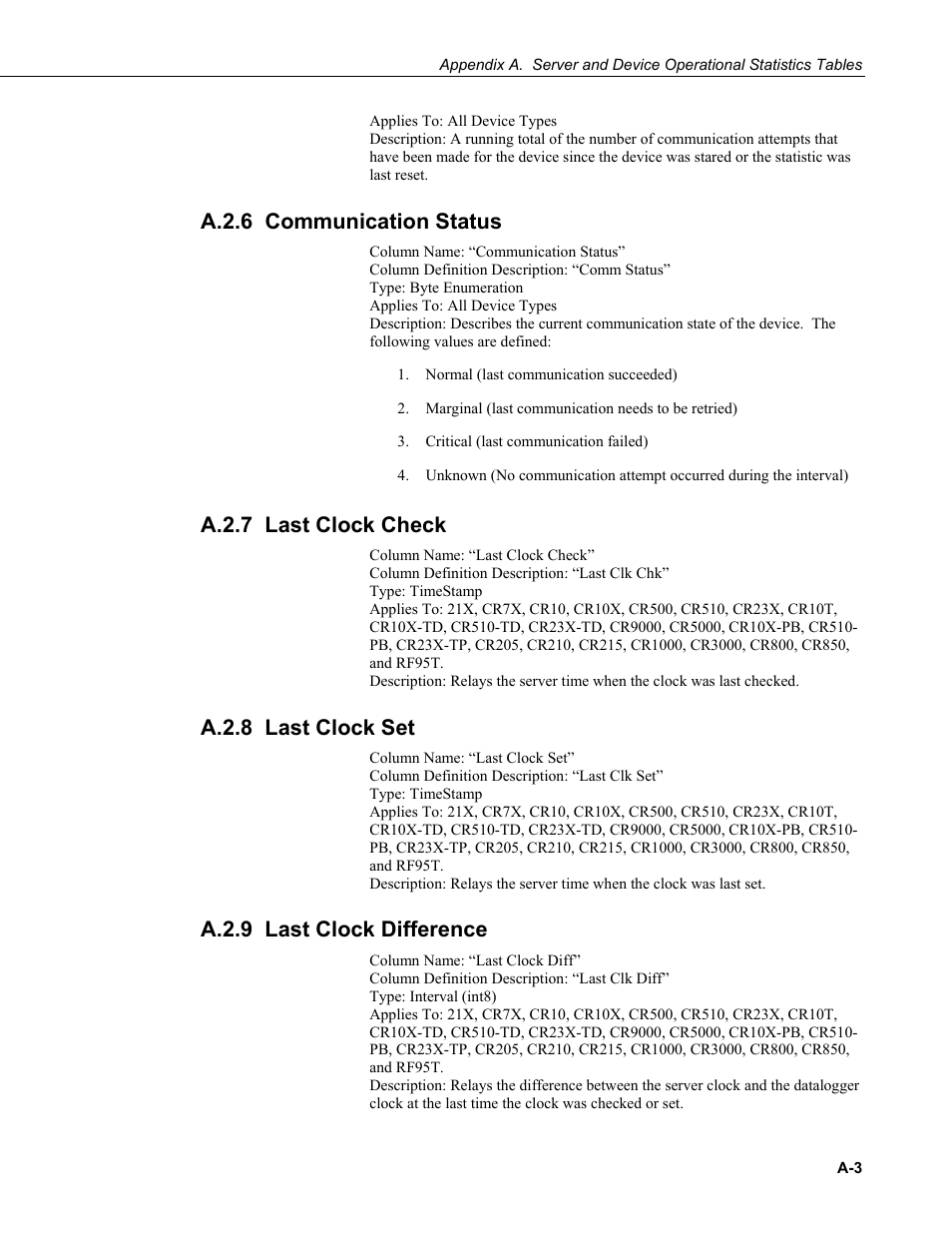 A.2.6 communication status, A.2.7 last clock check, A.2.8 last clock set | A.2.9 last clock difference | Campbell Scientific LoggerNet Server SDK User Manual | Page 169 / 178