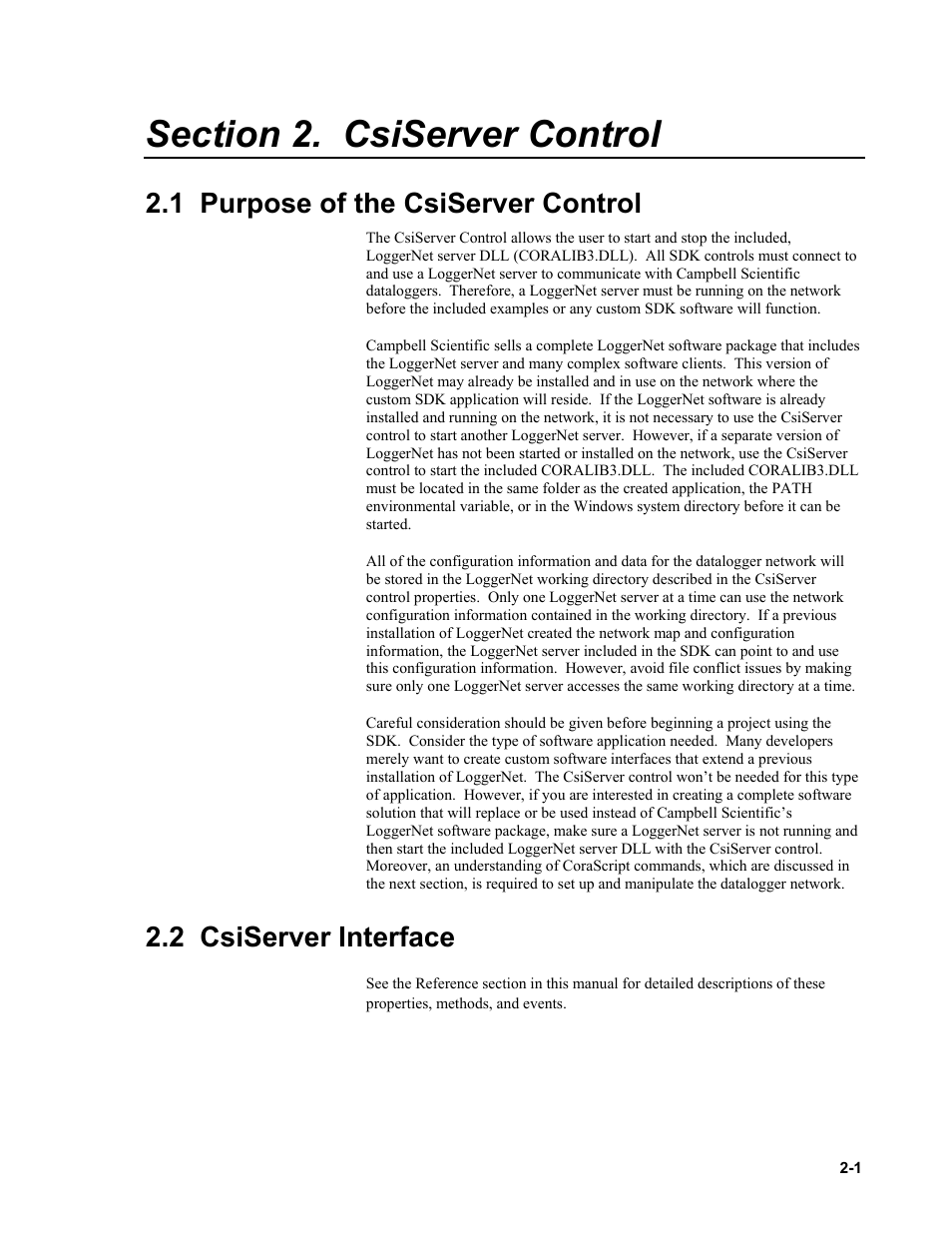 Section 2. csiserver control, 1 purpose of the csiserver control, 2 csiserver interface | Campbell Scientific LoggerNet Server SDK User Manual | Page 17 / 178