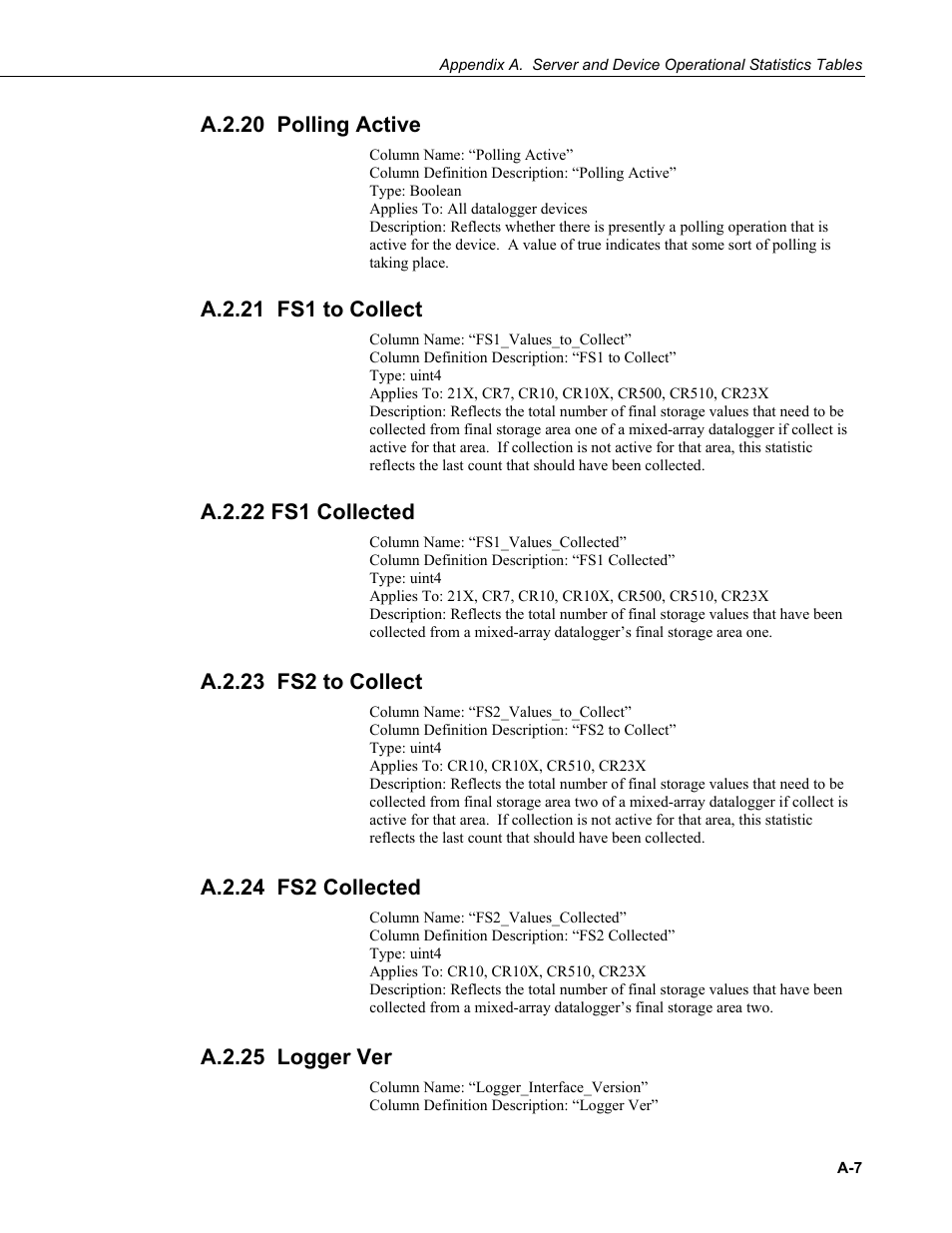 A.2.20 polling active, A.2.21 fs1 to collect, A.2.22 fs1 collected | A.2.23 fs2 to collect, A.2.24 fs2 collected, A.2.25 logger ver | Campbell Scientific LoggerNet Server SDK User Manual | Page 173 / 178