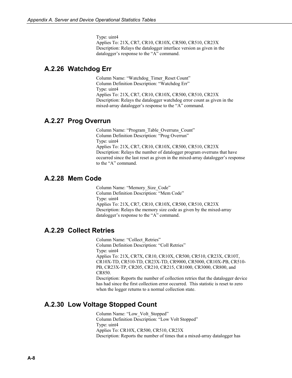 A.2.26 watchdog err, A.2.27 prog overrun, A.2.28 mem code | A.2.29 collect retries, A.2.30 low voltage stopped count | Campbell Scientific LoggerNet Server SDK User Manual | Page 174 / 178