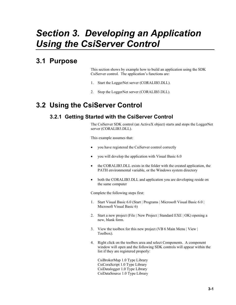 1 purpose, 2 using the csiserver control, 1 getting started with the csiserver control | Campbell Scientific LoggerNet Server SDK User Manual | Page 19 / 178
