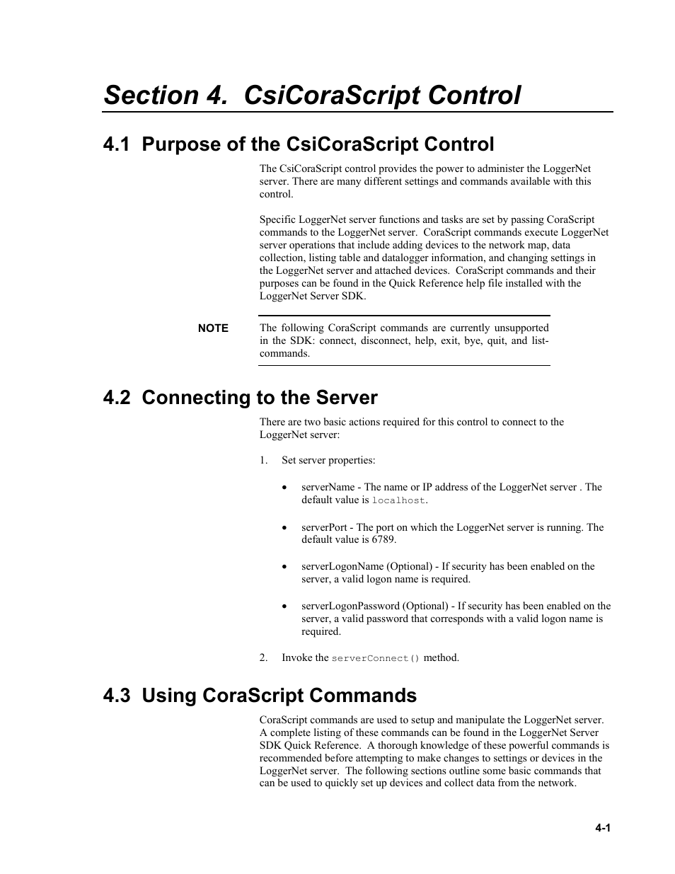 Section 4. csicorascript control, 1 purpose of the csicorascript control, 2 connecting to the server | 3 using corascript commands | Campbell Scientific LoggerNet Server SDK User Manual | Page 23 / 178