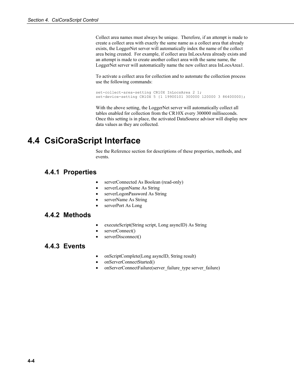 4 csicorascript interface, 1 properties, 2 methods | 3 events | Campbell Scientific LoggerNet Server SDK User Manual | Page 26 / 178