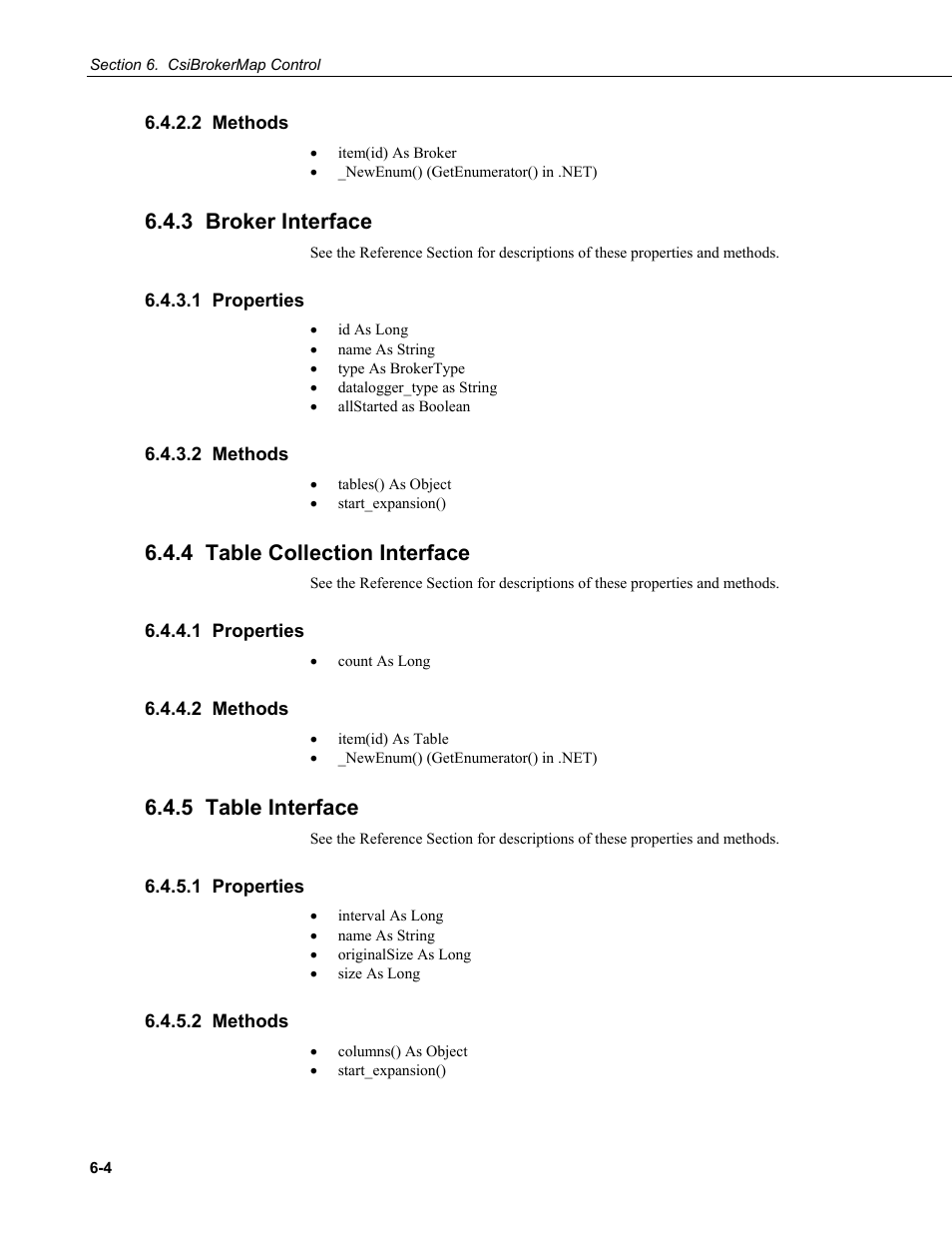 2 methods, 3 broker interface, 1 properties | 4 table collection interface, 5 table interface | Campbell Scientific LoggerNet Server SDK User Manual | Page 34 / 178