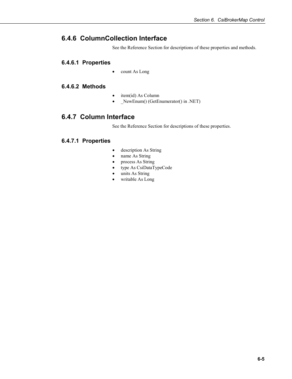 6 columncollection interface, 1 properties, 2 methods | 7 column interface | Campbell Scientific LoggerNet Server SDK User Manual | Page 35 / 178