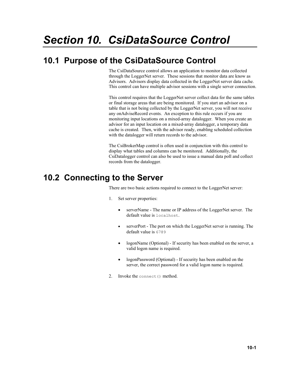 Section 10. csidatasource control, 1 purpose of the csidatasource control, 2 connecting to the server | Campbell Scientific LoggerNet Server SDK User Manual | Page 51 / 178