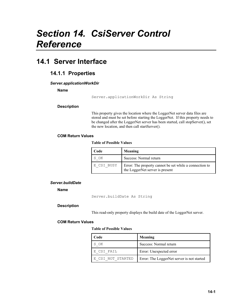 Section 14. csiserver control reference, 1 server interface, 1 properties | Server.applicationworkdir, Name, Description, Com return values, Server.builddate | Campbell Scientific LoggerNet Server SDK User Manual | Page 65 / 178