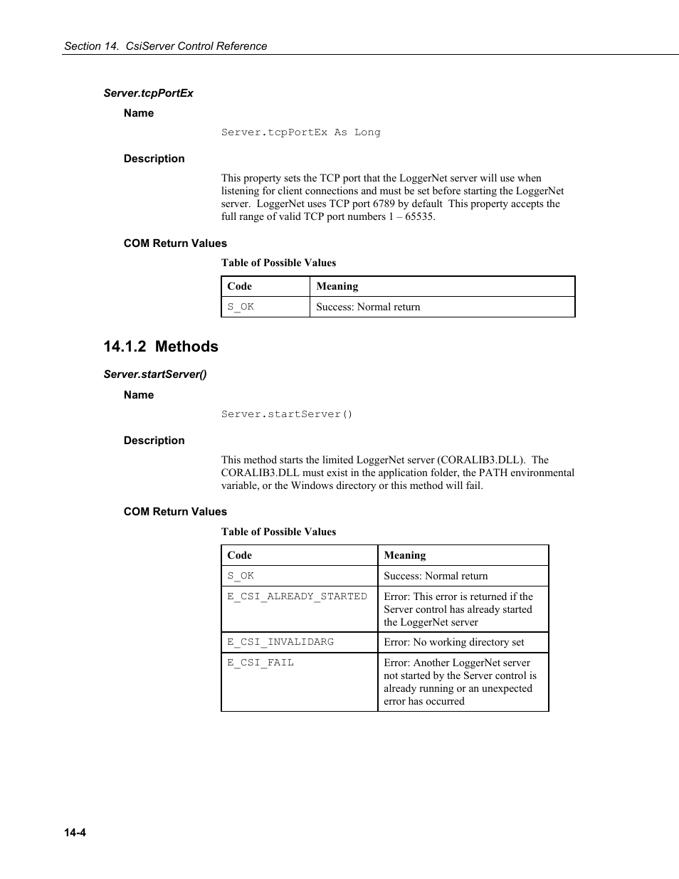 Server.tcpportex, Name, Description | Com return values, 2 methods, Server.startserver() | Campbell Scientific LoggerNet Server SDK User Manual | Page 68 / 178