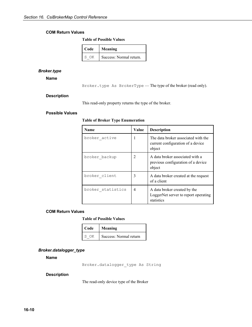 Com return values, Broker.type, Name | Description, Possible values, Broker.datalogger_type | Campbell Scientific LoggerNet Server SDK User Manual | Page 86 / 178