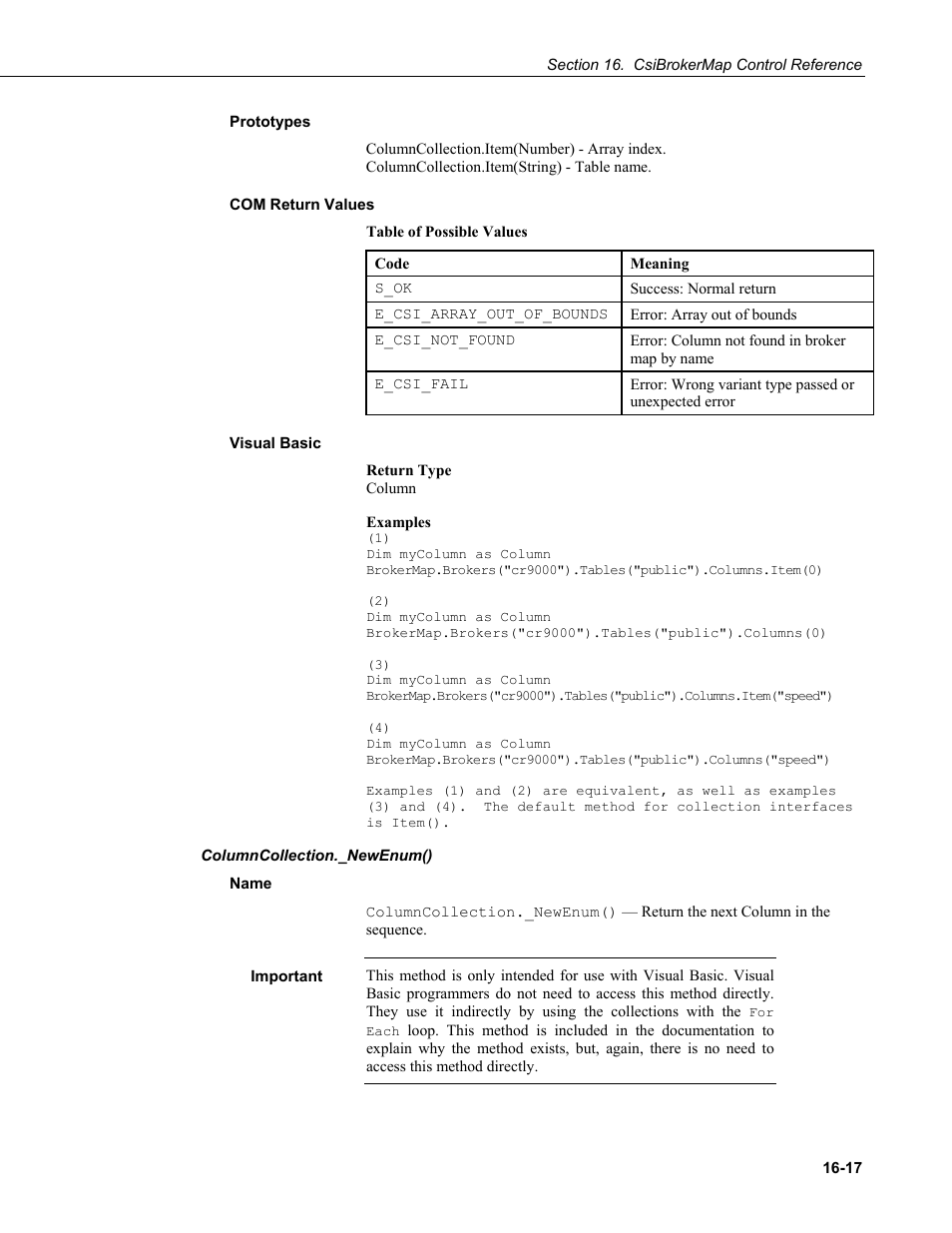 Prototypes, Com return values, Visual basic | Columncollection._newenum(), Name | Campbell Scientific LoggerNet Server SDK User Manual | Page 93 / 178