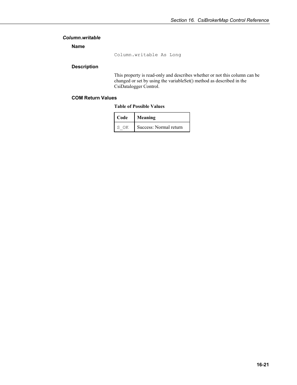 Column.writable, Name, Description | Com return values | Campbell Scientific LoggerNet Server SDK User Manual | Page 97 / 178