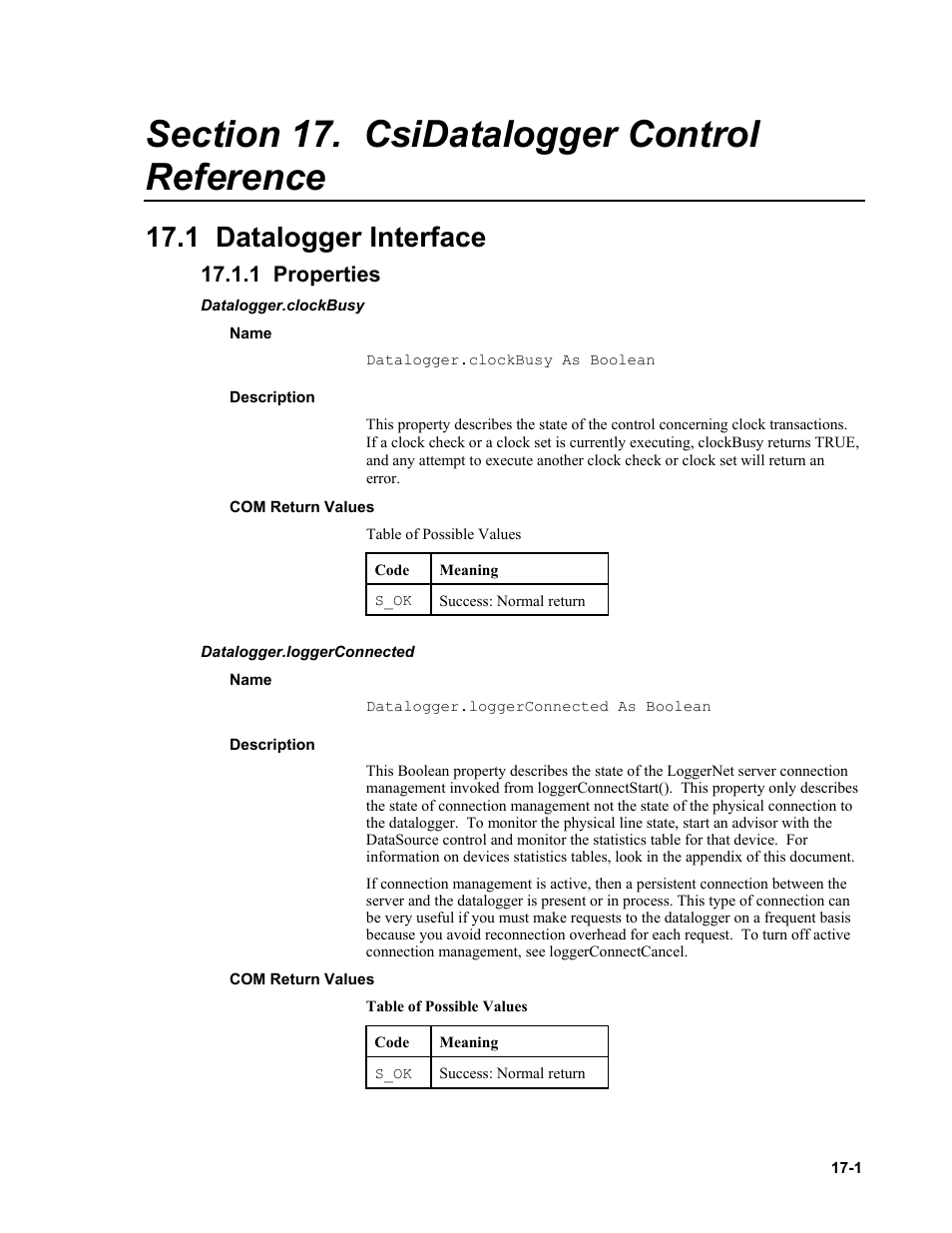 Section 17. csidatalogger control reference, 1 datalogger interface, 1 properties | Datalogger.clockbusy, Name, Description, Com return values, Datalogger.loggerconnected | Campbell Scientific LoggerNet Server SDK User Manual | Page 99 / 178