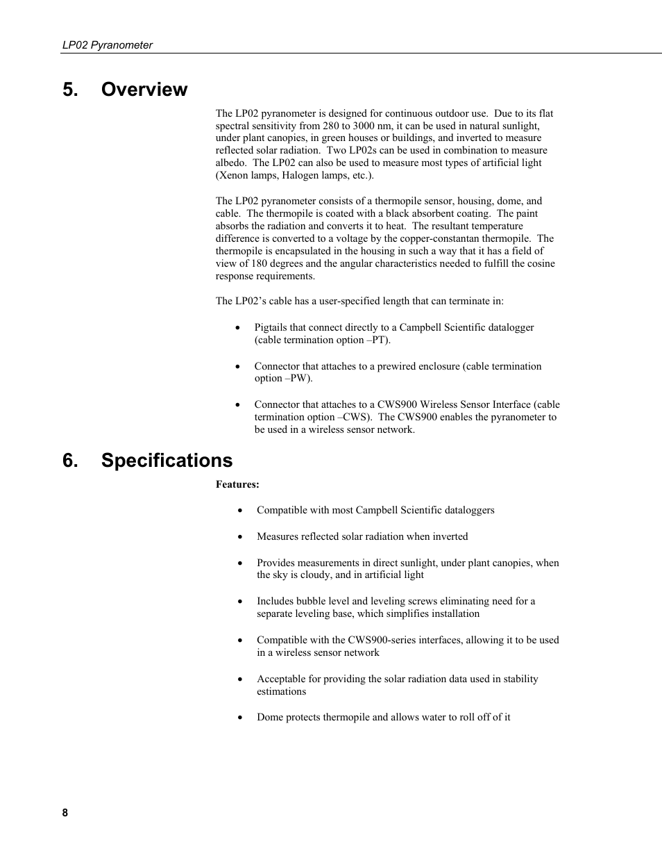 Overview, Specifications | Campbell Scientific LP02 Hukseflux Pyranometer User Manual | Page 14 / 28