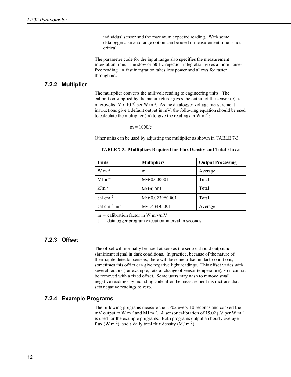 2 multiplier, 3 offset, 4 example programs | Multiplier, Offset, Example programs | Campbell Scientific LP02 Hukseflux Pyranometer User Manual | Page 18 / 28