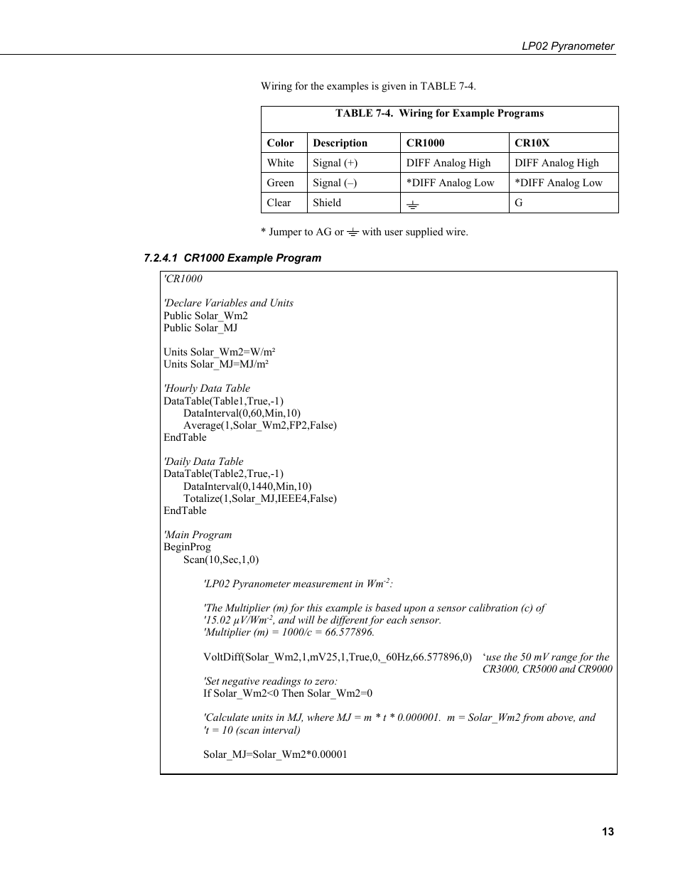 1 cr1000 example program, Cr1000 example program, 4. wiring for example programs | Campbell Scientific LP02 Hukseflux Pyranometer User Manual | Page 19 / 28