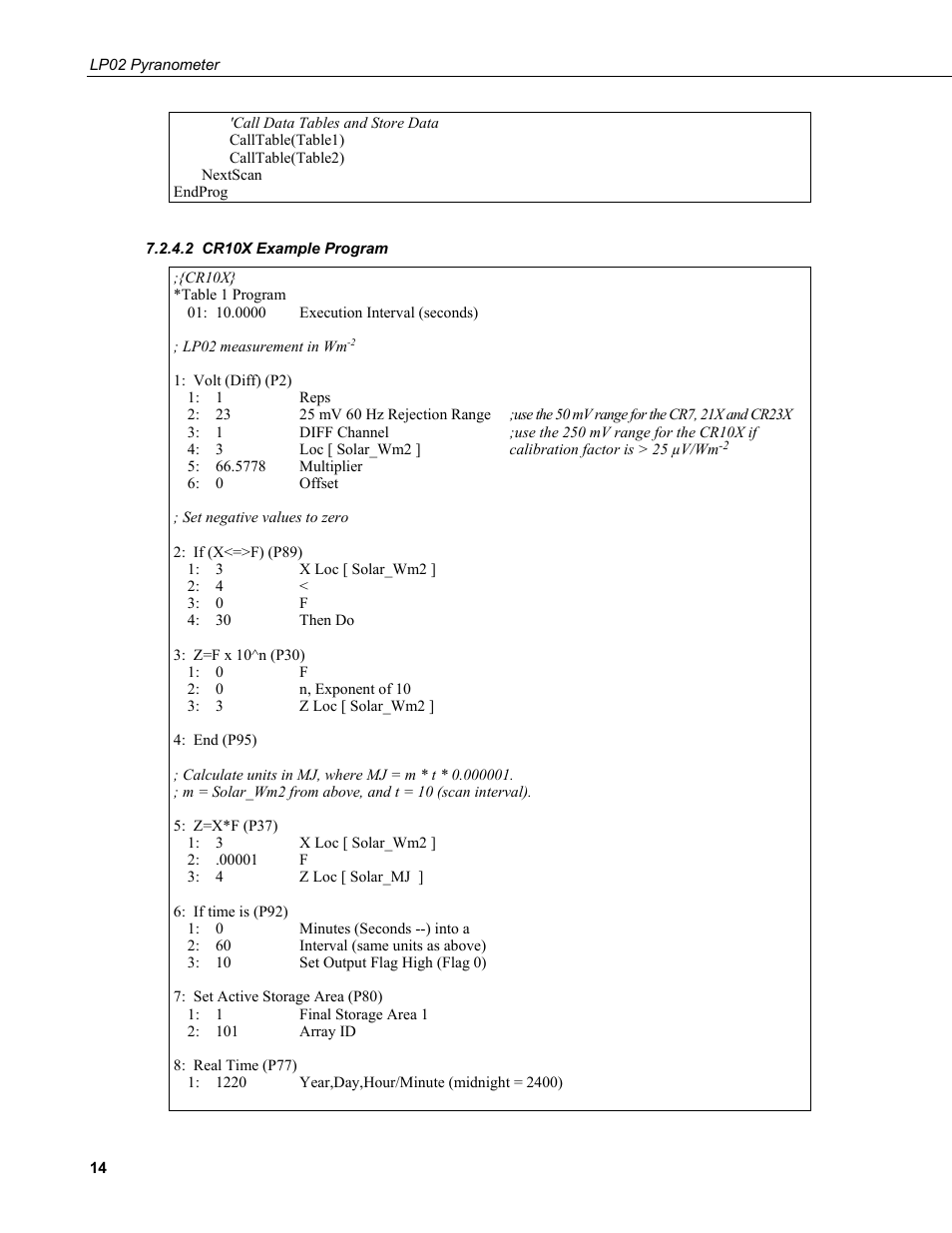 2 cr10x example program, Cr10x example program | Campbell Scientific LP02 Hukseflux Pyranometer User Manual | Page 20 / 28