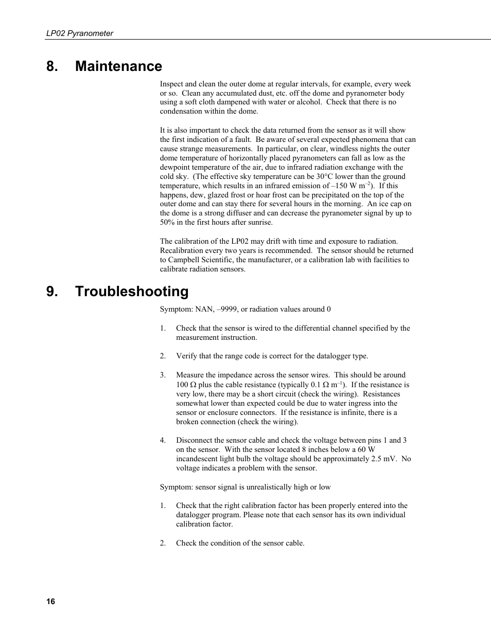 Maintenance, Troubleshooting | Campbell Scientific LP02 Hukseflux Pyranometer User Manual | Page 22 / 28