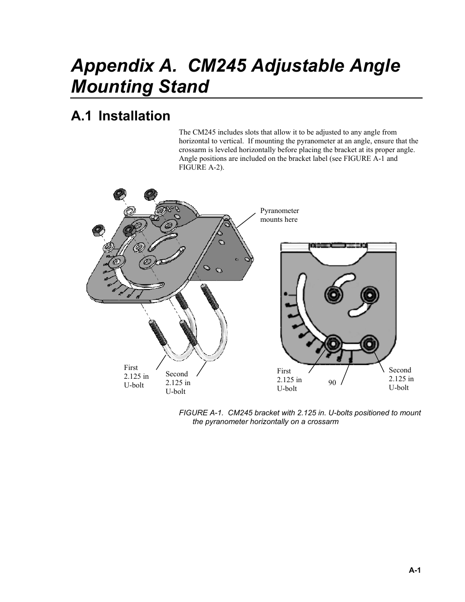 Appendix a. cm245 adjustable angle mounting stand, A.1 installation, E appendix a | Campbell Scientific LP02 Hukseflux Pyranometer User Manual | Page 25 / 28