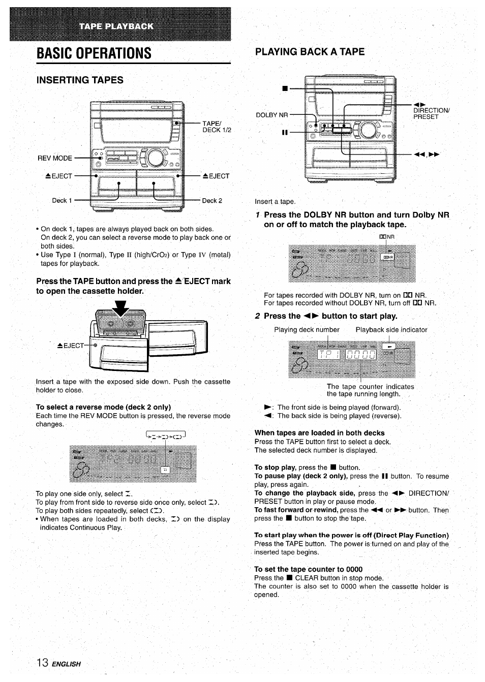 Basic operations, Playing back a tape, Inserting tapes | To select a reverse mode (deck 2 only), 2 press the button to start play, When tapes are loaded in both decks, To set the tape counter to 0000 | Aiwa CX-NA71 User Manual | Page 12 / 80