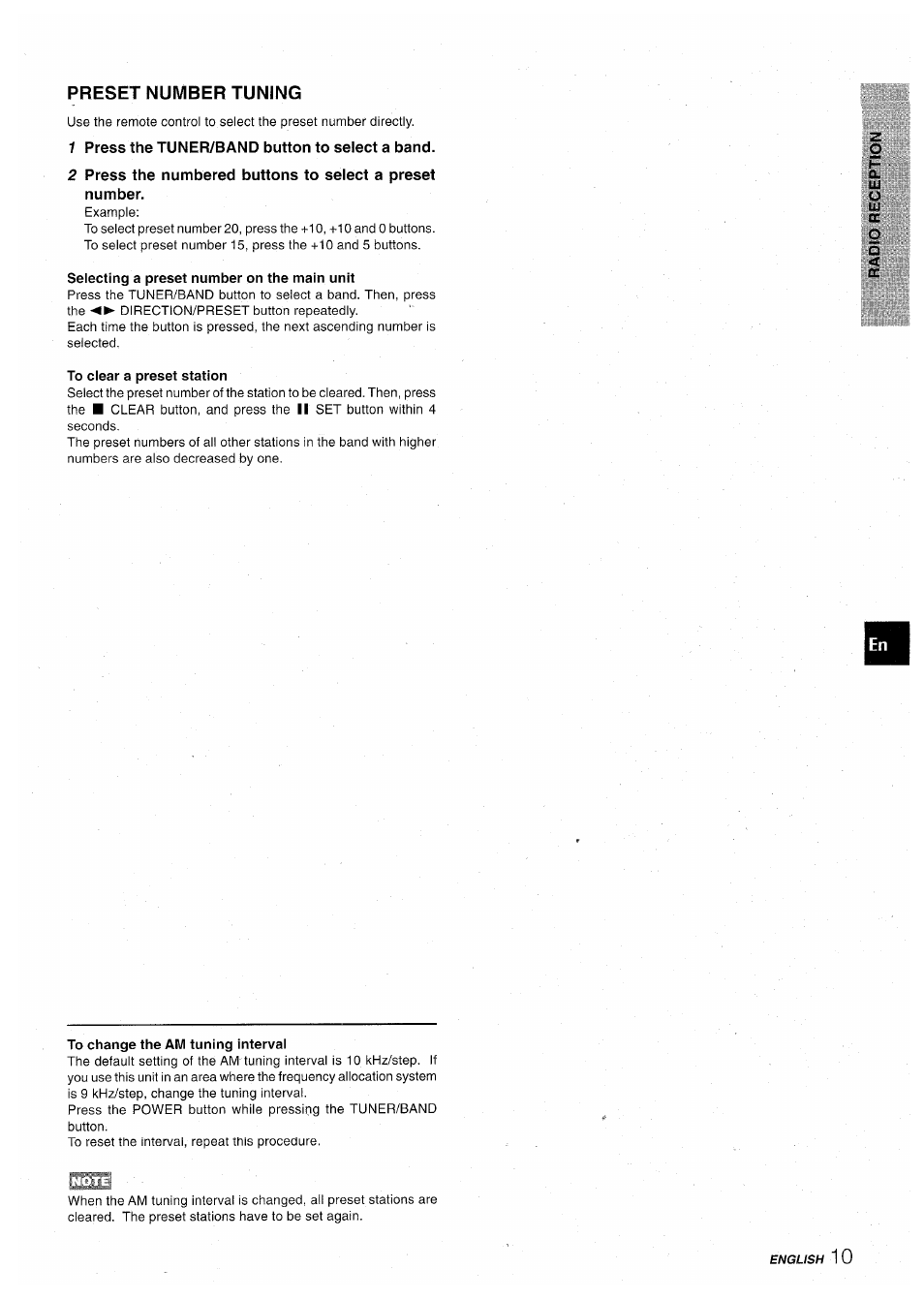 Preset number tuning, 1 press the tuner/band button to select a band, Selecting a preset number on the main unit | To clear a preset station, To change the am tuning interval | Aiwa CX-NA71 User Manual | Page 13 / 80