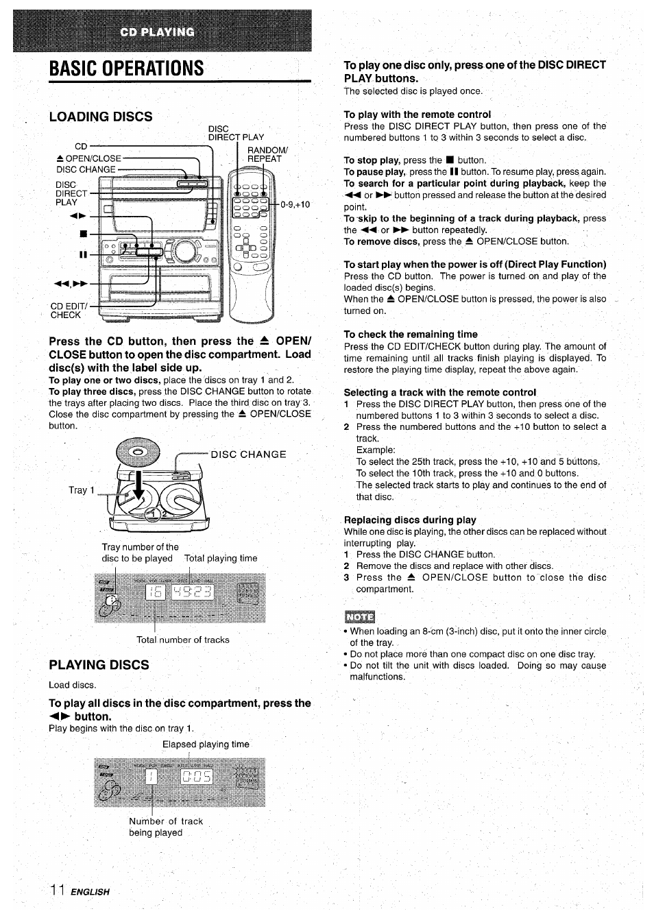 Basic operations, Loading discs, Playing discs | To play with the remote control, To check the remaining time, Selecting a track with the remote control, Replacing discs during play | Aiwa CX-NA71 User Manual | Page 14 / 80