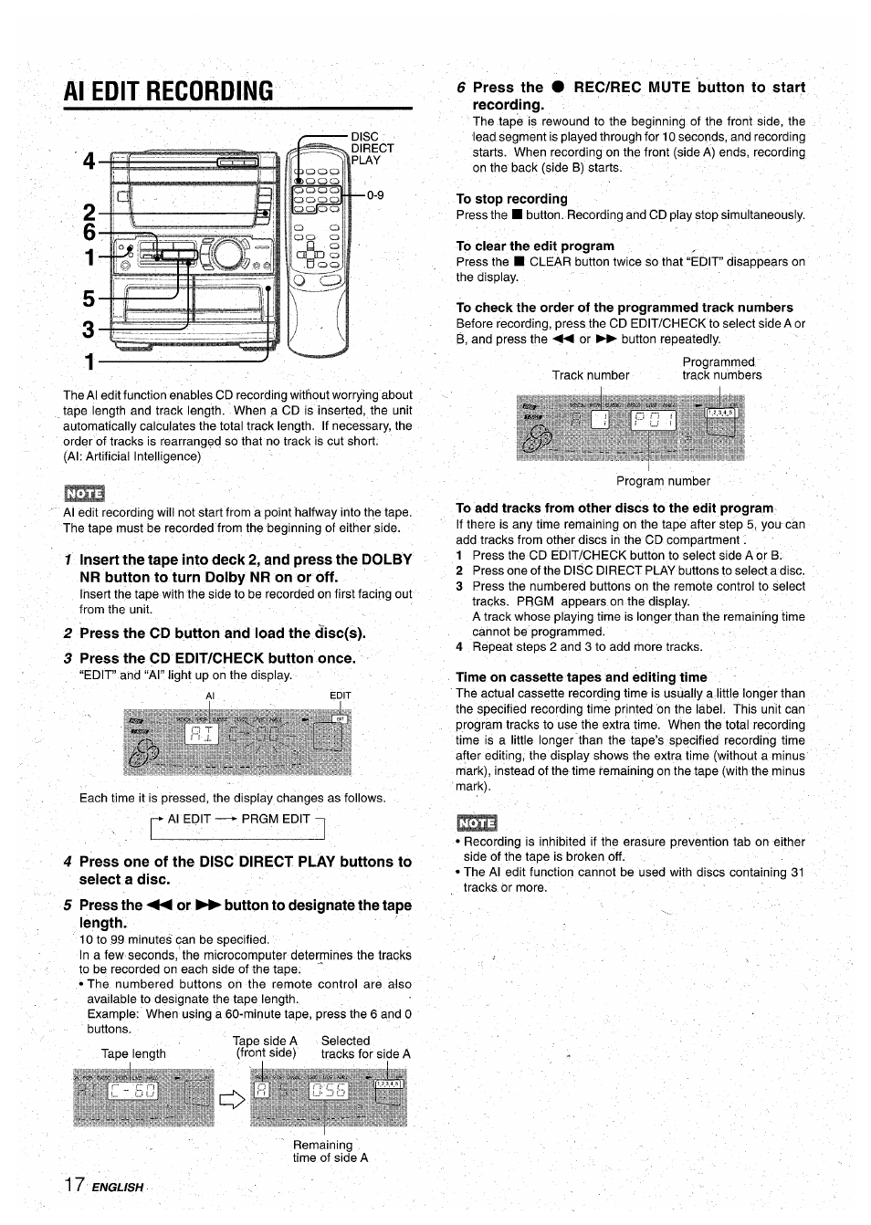 2 press the cd button and load the disc(s), 3 press the cd edit/check button once, To stop recording | To clear the edit program, To check the order of the programmed track numbers, To add tracks from other discs to the edit program, Time on cassette tapes and editing time, Aiedit recording | Aiwa CX-NA71 User Manual | Page 18 / 80