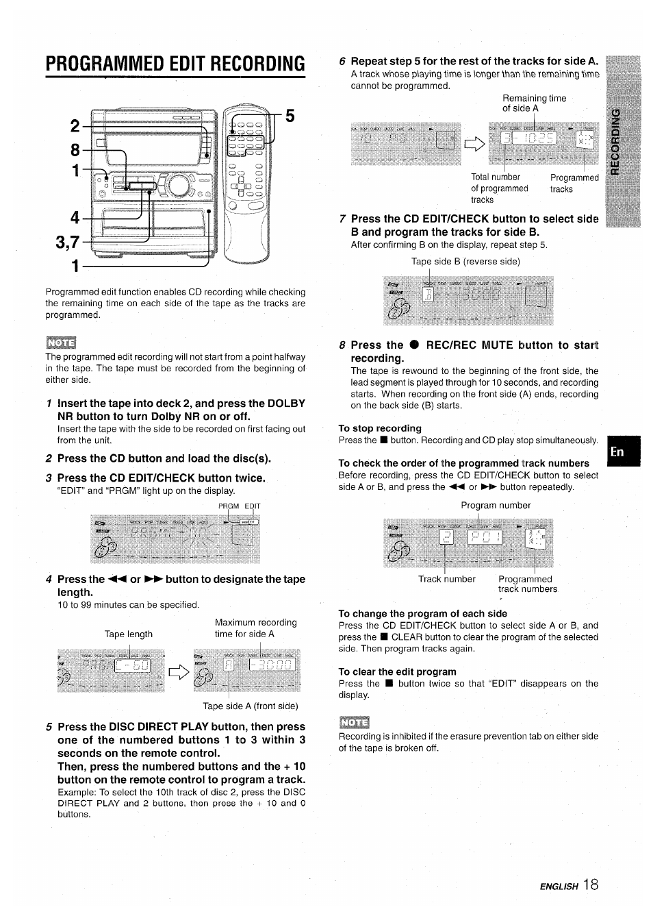 Programmed edit recording, To stop recording, To check the order of the programmed track numbers | To change the program of each side, To clear the edit program, Programmed edit recording r | Aiwa CX-NA71 User Manual | Page 19 / 80