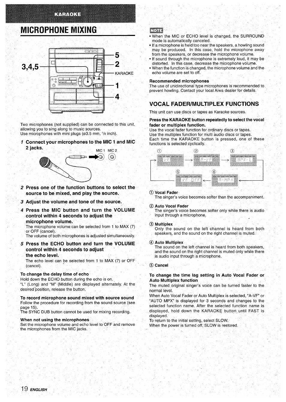 Microphone mixing, Vocal fader/multiplex functions | Aiwa CX-NA71 User Manual | Page 20 / 80