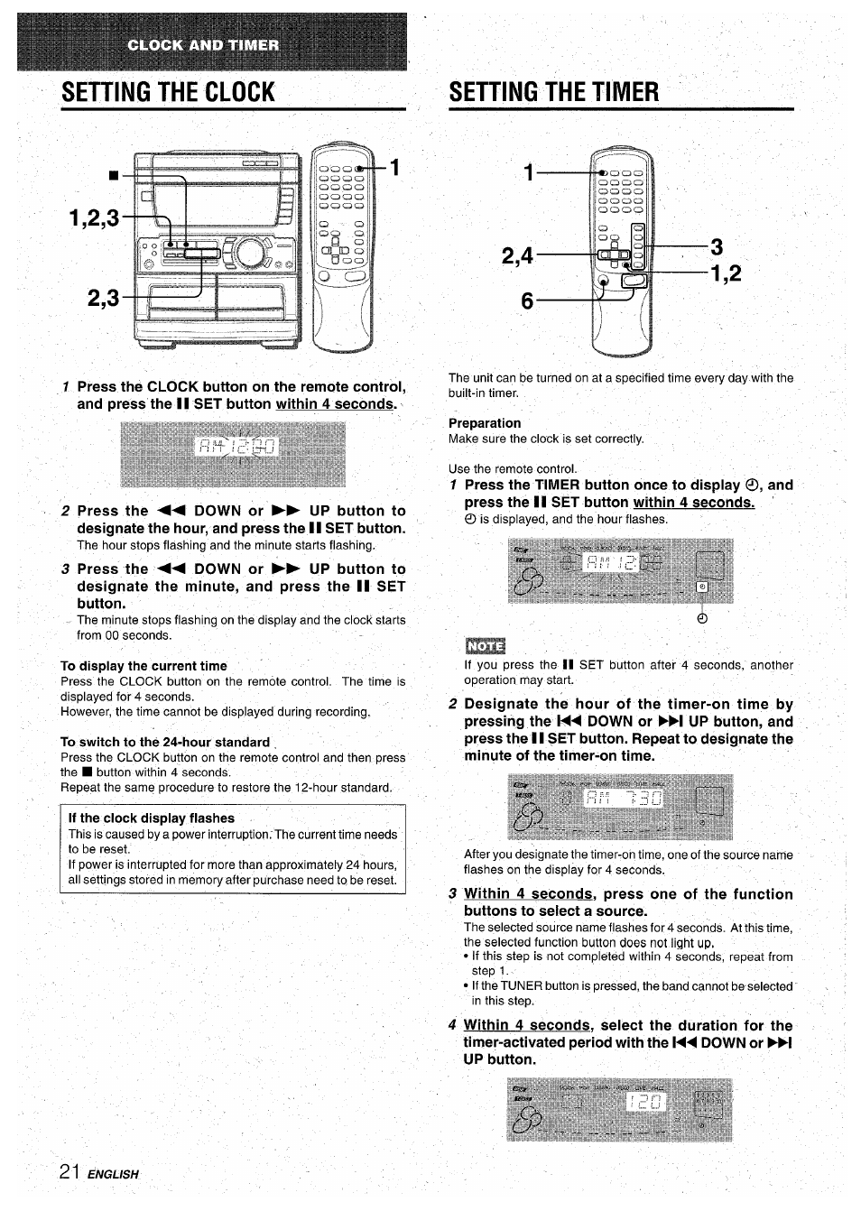 Setting the clock, Setting the timer, To display the current time | To switch to thé 24-hour standard, Preparation, Setting the clock setting the timer | Aiwa CX-NA71 User Manual | Page 22 / 80