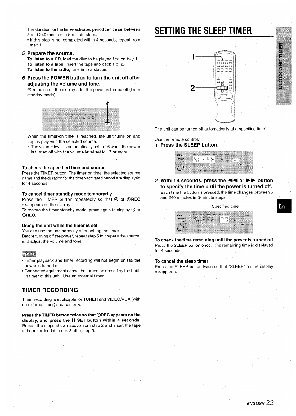 5 prepare the source, To check the specified time and source, To cancel timer standby mode temporarily | Using the unit while the timer is set, Sehing the sleep tiivier, 1 press the sleep button, To cancel the sleep timer, Timer recording | Aiwa CX-NA71 User Manual | Page 23 / 80