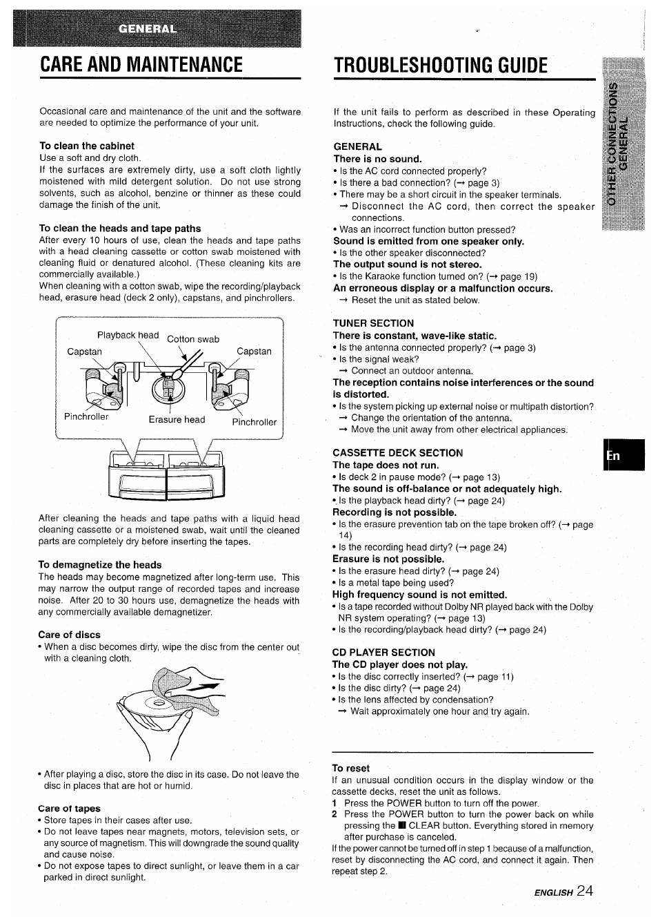 Care and maintenance, To clean the cabinet, To clean the heads and tape paths | To demagnetize the heads, Care of discs, Care of tapes, Troubleshooting guide, General there is no sound, Tuner section, Cassette deck section the tape does not run | Aiwa CX-NA71 User Manual | Page 25 / 80