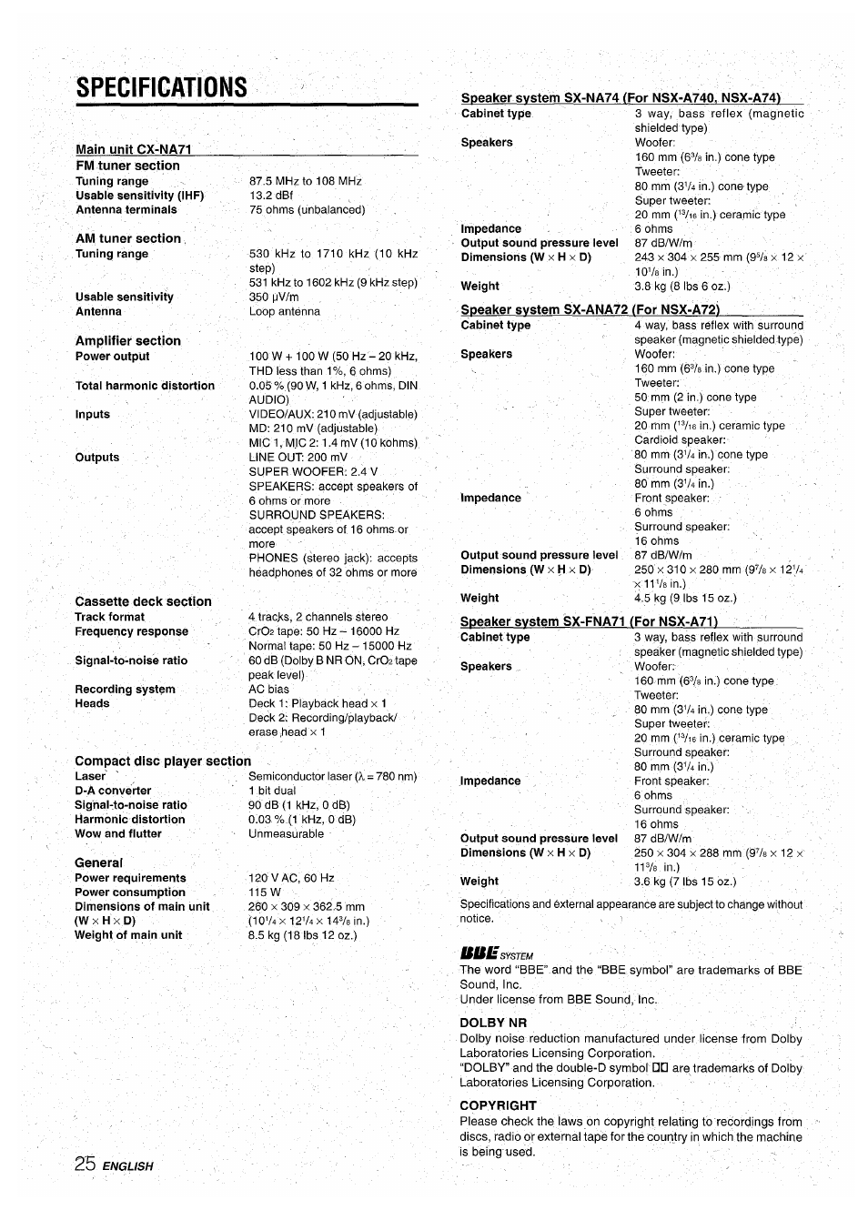 Specifications, Main unit cx-na71 | Aiwa CX-NA71 User Manual | Page 26 / 80