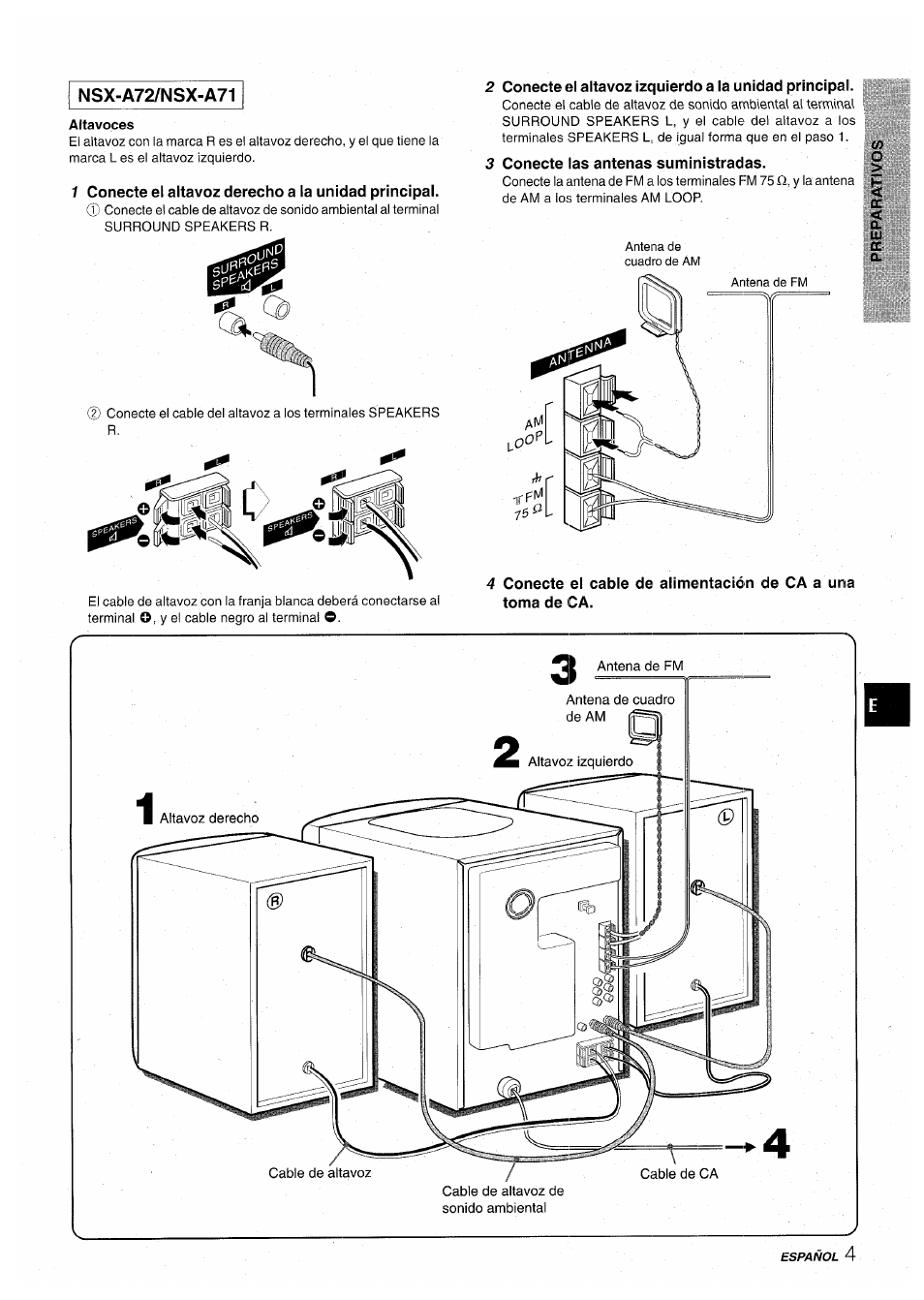 1 conecte el altavoz derecho a la unidad principal, 3 conecte las antenas suministradas | Aiwa CX-NA71 User Manual | Page 31 / 80