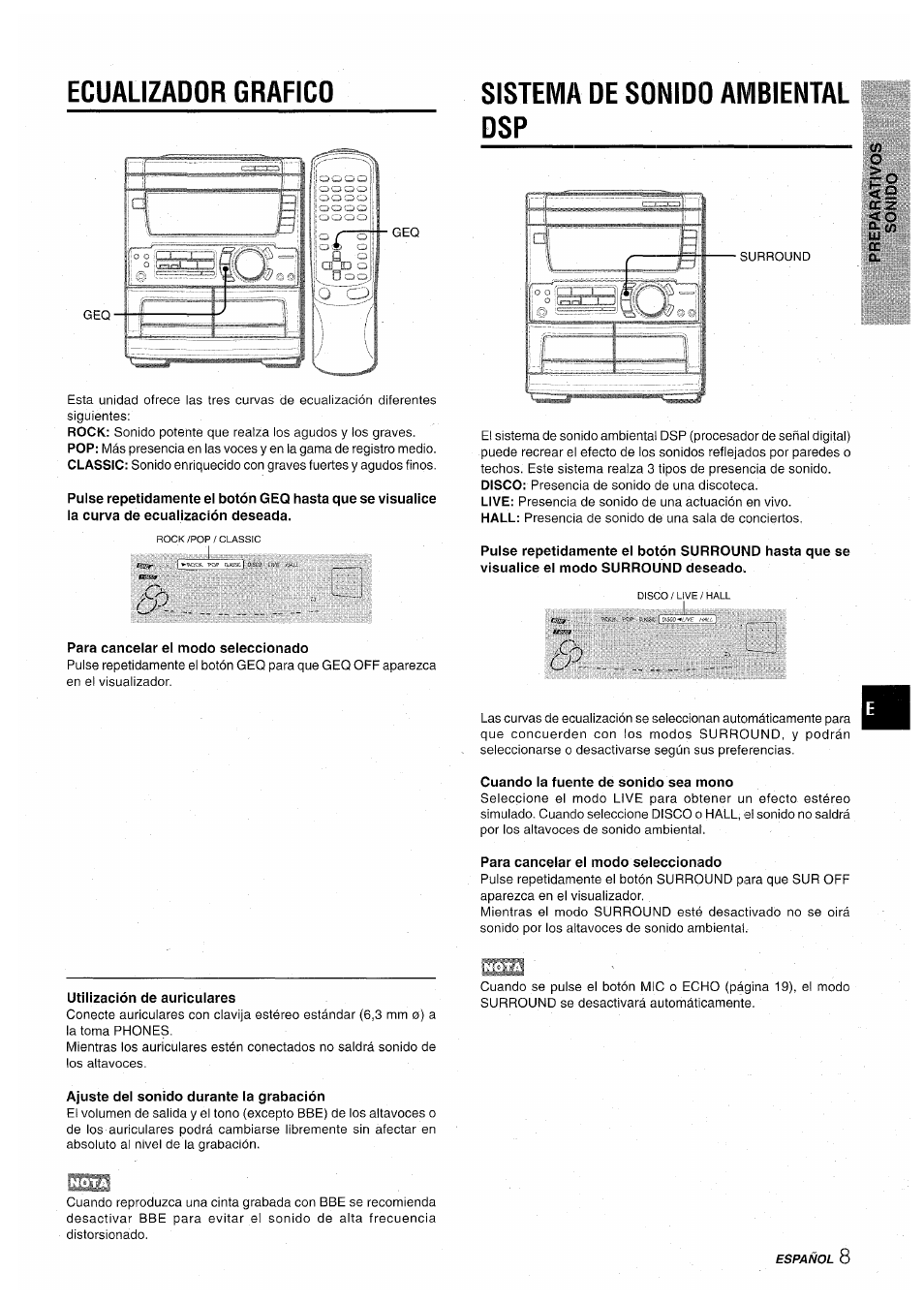 Sistema de sonido ambiental dsp, Ecualizador grafico | Aiwa CX-NA71 User Manual | Page 35 / 80