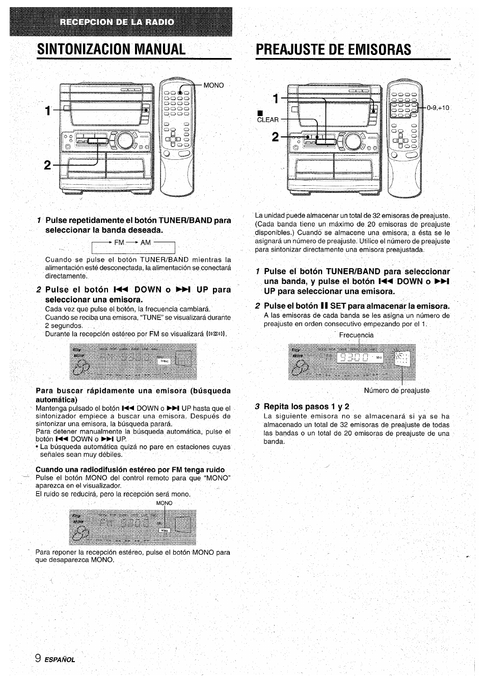 Sintonizacion manual, Preajuste de emisoras, 2 pulse el botón ii set para almacenar la emisora | Repita los pasos 1 y 2 | Aiwa CX-NA71 User Manual | Page 36 / 80