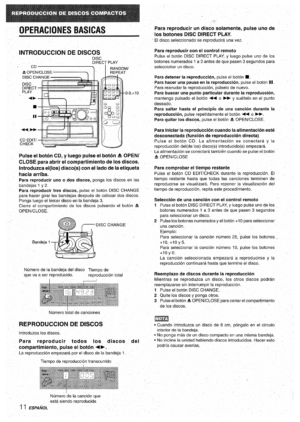 Operaciones basicas, Introduccion de discos, Reproduccion de discos | Para reproducir con ei control remoto, Para comprobar el tiempo restante, Selección de una canción con el control remoto, Reemplazo de discos durante la reproducción | Aiwa CX-NA71 User Manual | Page 38 / 80