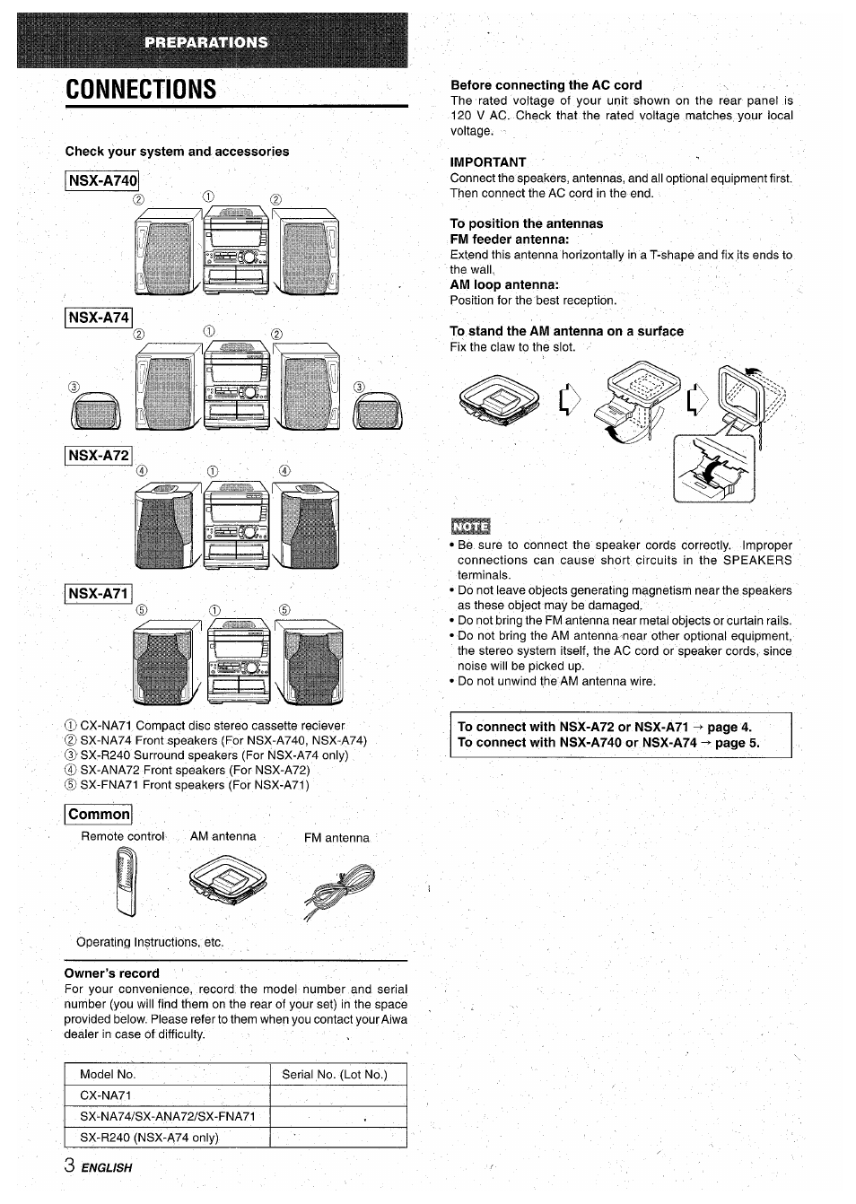 Common, Owner’s record, Before connecting the ac cord | Important, To position the antennas fm feeder antenna, Am loop antenna, To stand the am antenna on a surface, Connections | Aiwa CX-NA71 User Manual | Page 4 / 80