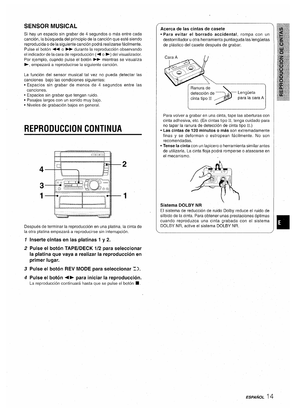 Sensor musical, Reproduccion continua, 1 inserte cintas en las platinas 1 y 2 | 3 pulse el botón rev mode para seleccionar z'), 4 pulse el botón para iniciar la reproducción | Aiwa CX-NA71 User Manual | Page 41 / 80