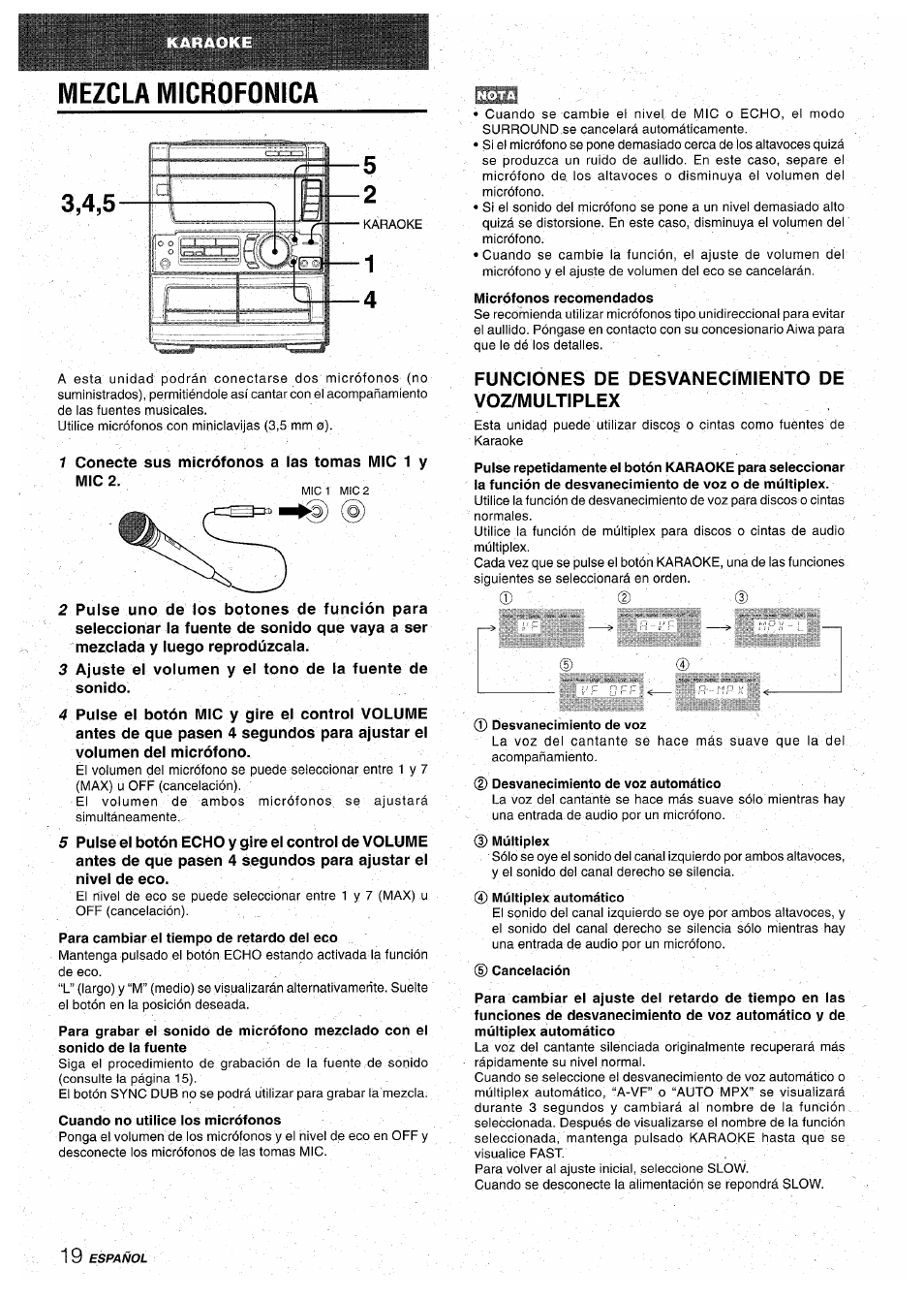 Mezcla microfonica, Para cambiar el tiempo de retardo del eco, Micrófonos recomendados | Funciones de desvanecimiento de voz7multiplex, Desvanecimiento de voz, 2) desvanecimiento de voz automático | Aiwa CX-NA71 User Manual | Page 46 / 80