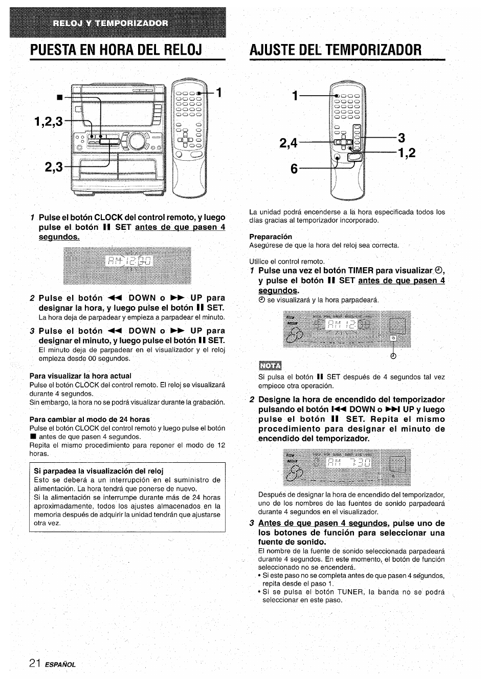 Puesta en hora del reloj, Ajuste del temporizador, Para visualizar la hora actual | Para cambiar al modo de 24 horas, Preparación, Puesta en hora del reloj ajuste del temporizador | Aiwa CX-NA71 User Manual | Page 48 / 80