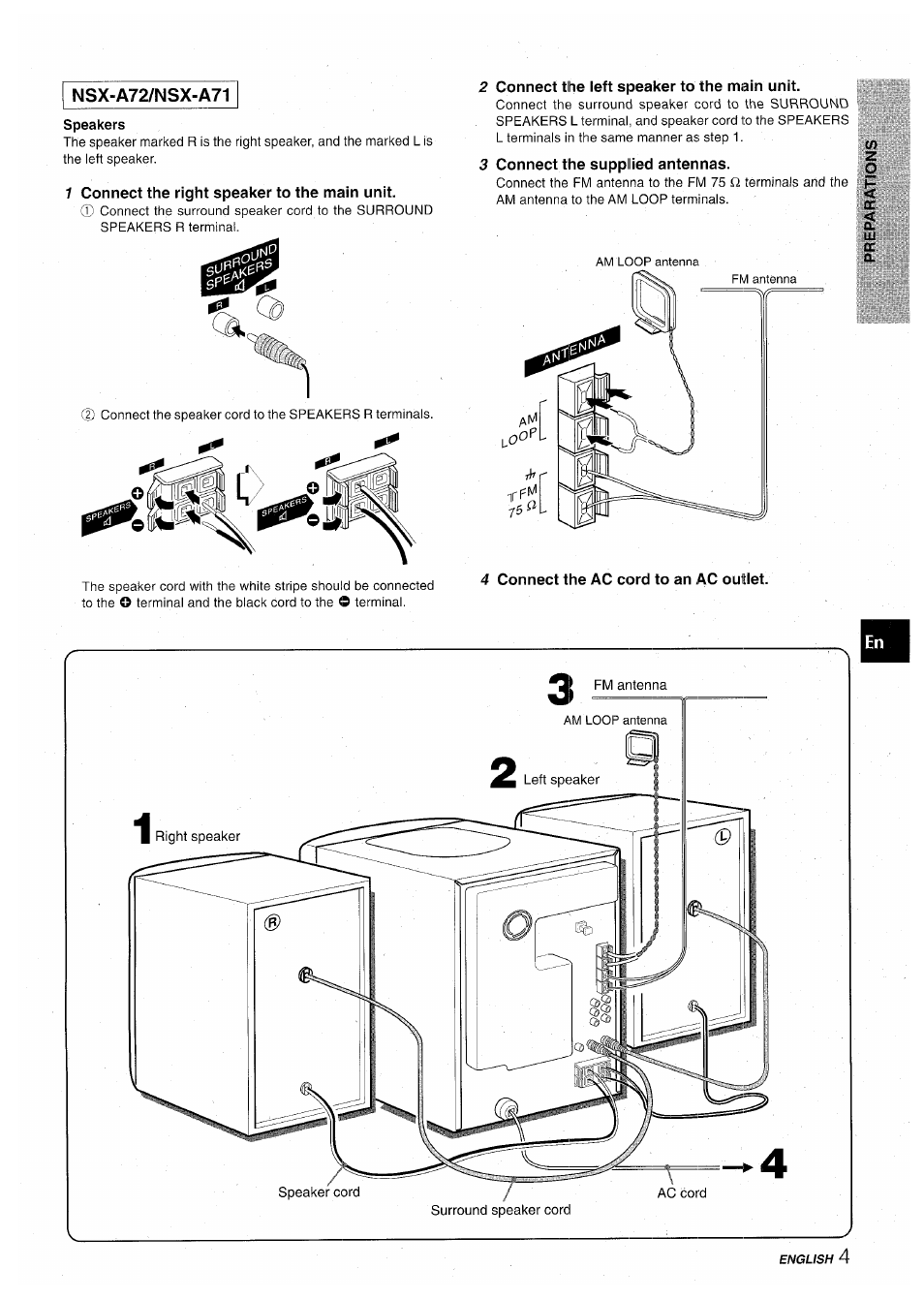 Speakers, 1 connect the right speaker to the main unit, 2 connect the left speaker to the main unit | 3 connect the supplied antennas, 4 connect the ac cord to an ac outlet, Nsx-a72/nsx-a71 | Aiwa CX-NA71 User Manual | Page 5 / 80