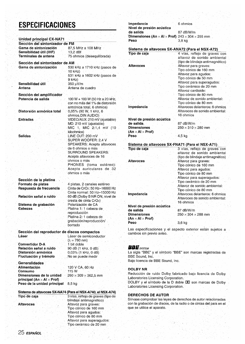 Especificaciones | Aiwa CX-NA71 User Manual | Page 52 / 80